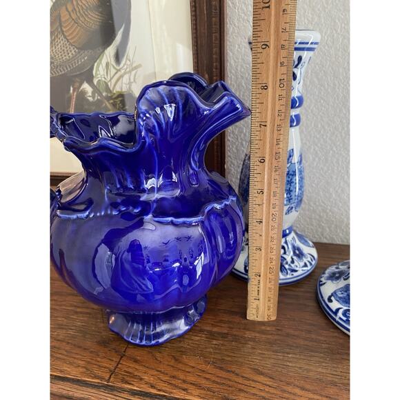 Vintage 1970s Hand Painted Victorian Style Cobalt Blue Ironstone Pitcher - Picture 4 of 6